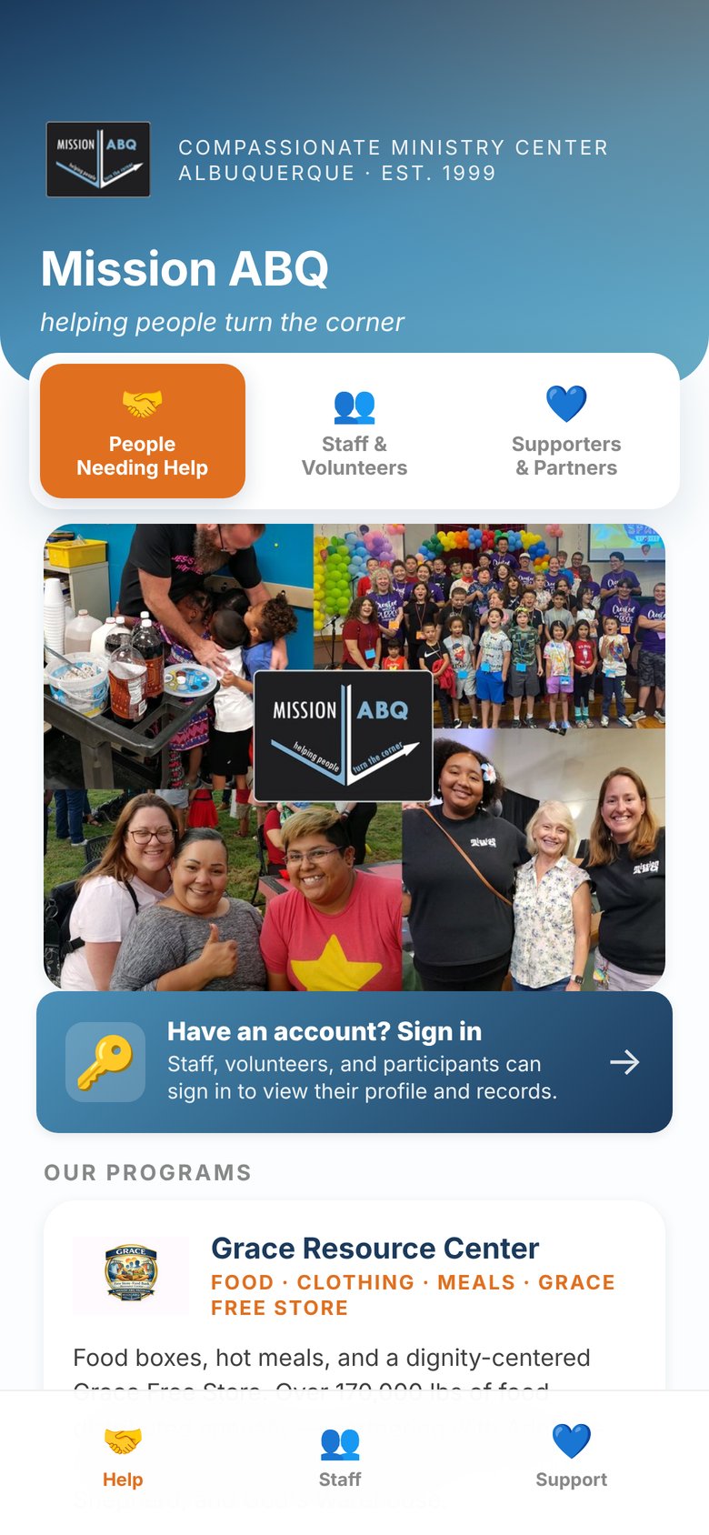 The Mission ABQ app's home screen on a phone, with buttons for People Needing Help, Staff and Volunteers, and Supporters and Partners