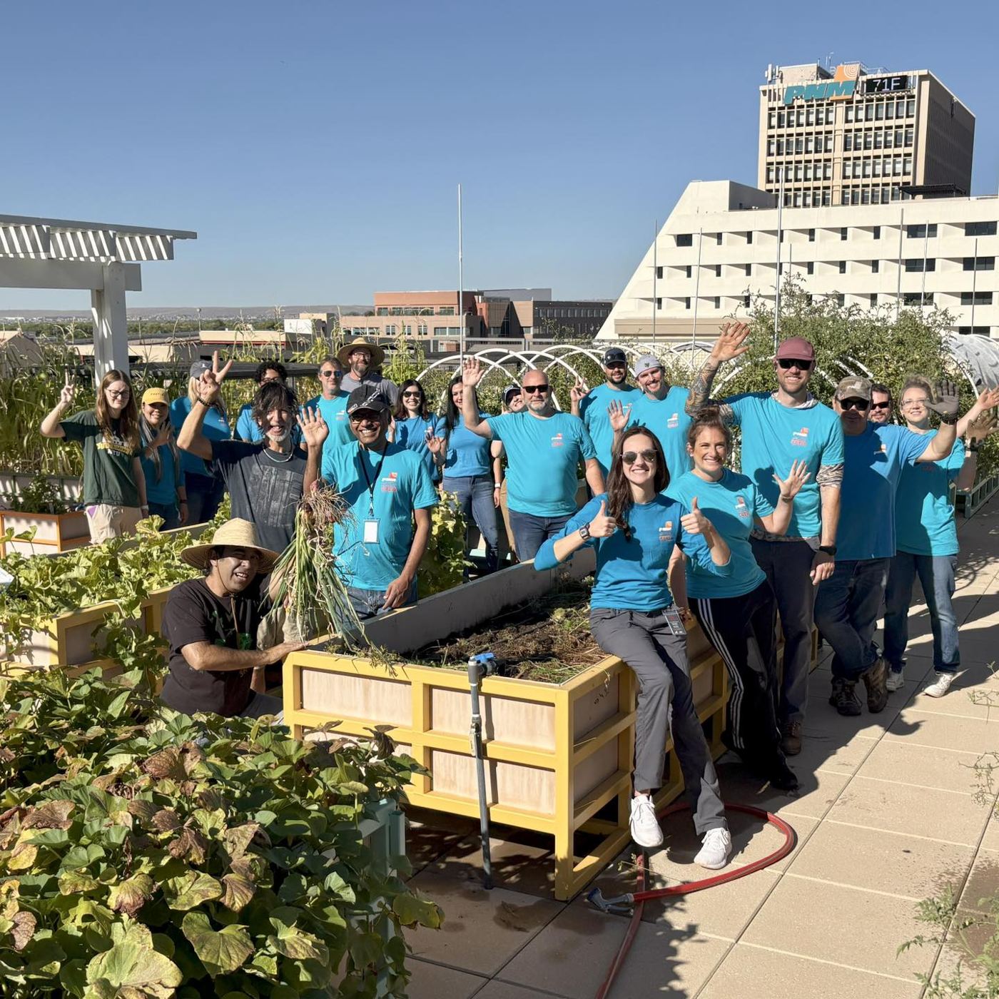 Volunteers in a rooftop community garden